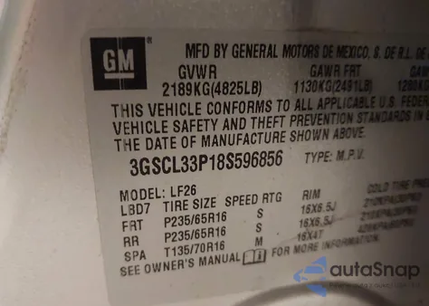 2008 Saturn Vue 4-Cyl Xe z USA, uszkodzony, nr VIN 3GSCL33P18S596856